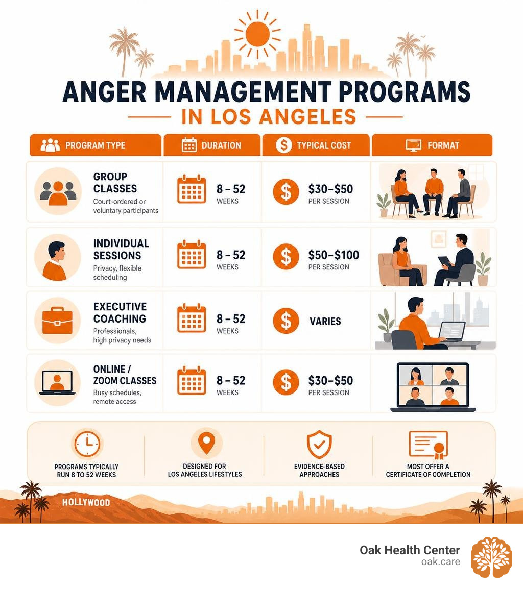 Quick overview infographic comparing anger management program types, durations, costs, and formats in Los Angeles infographic Quick overview infographic comparing anger management program types, durations, costs, and formats in Los Angeles infographic