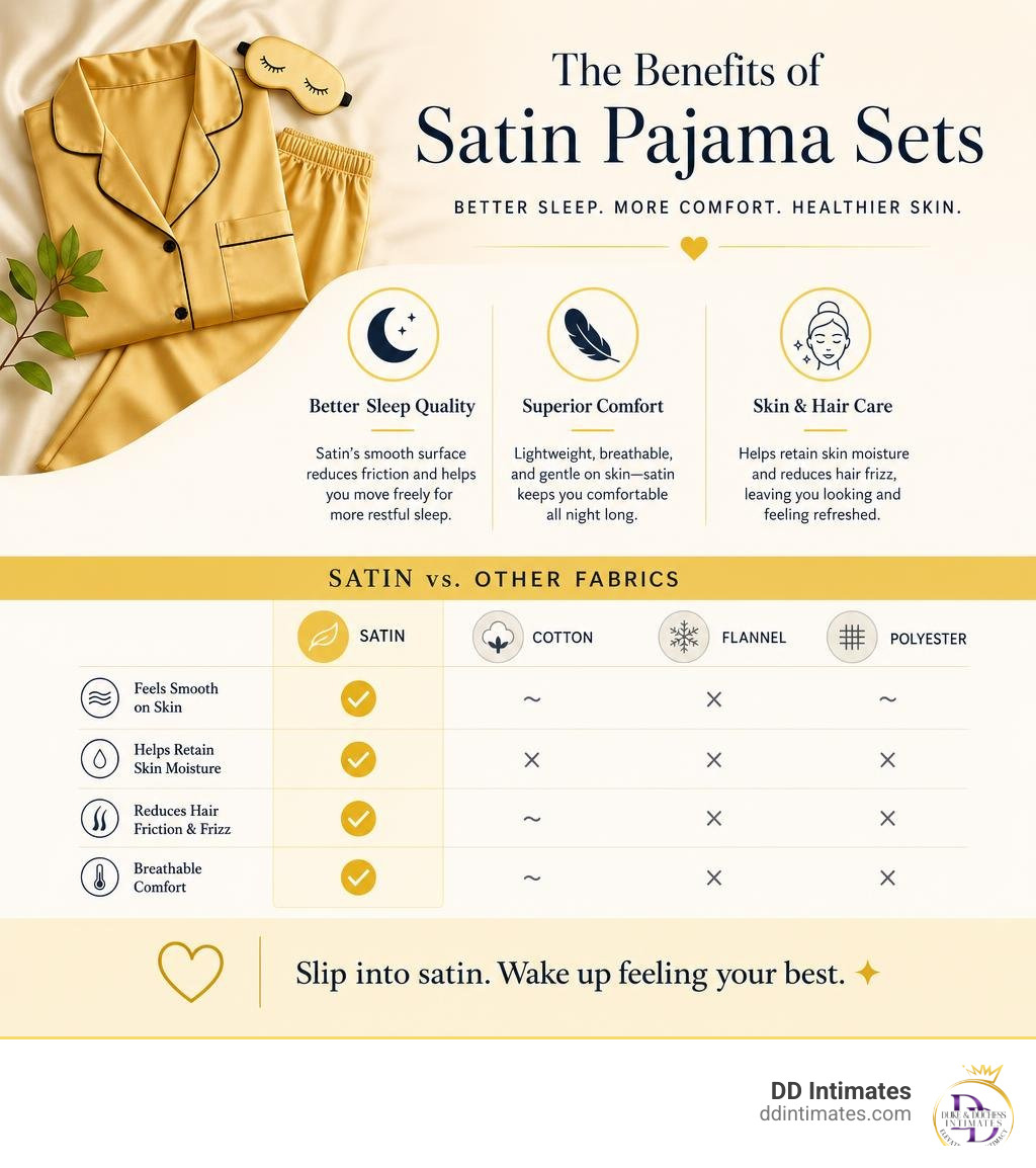 Benefits of satin pajama sets for sleep quality, comfort, and skin care compared to other fabrics infographic