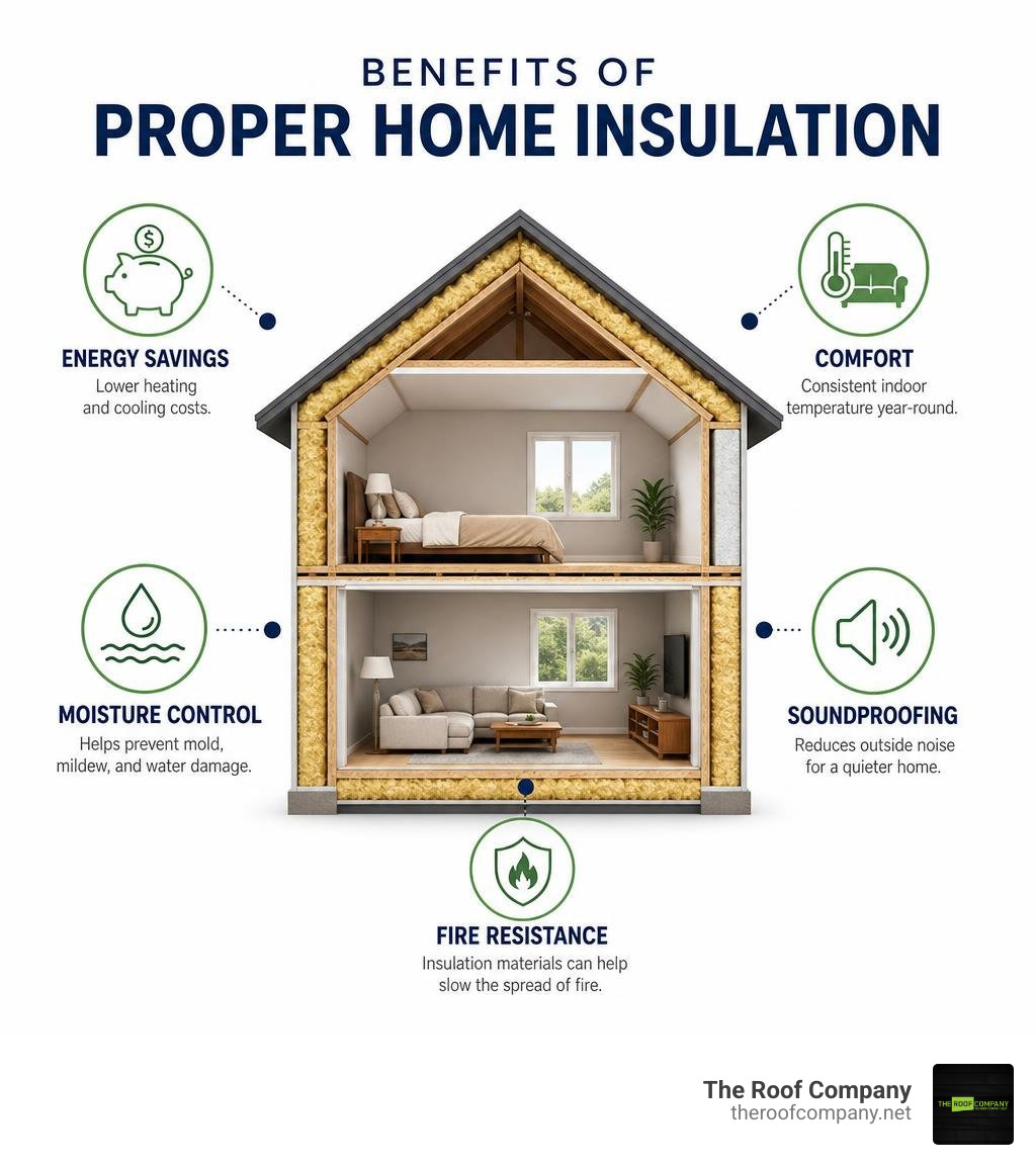 Benefits of proper home insulation: energy savings, comfort, moisture control, soundproofing, fire resistance infographic