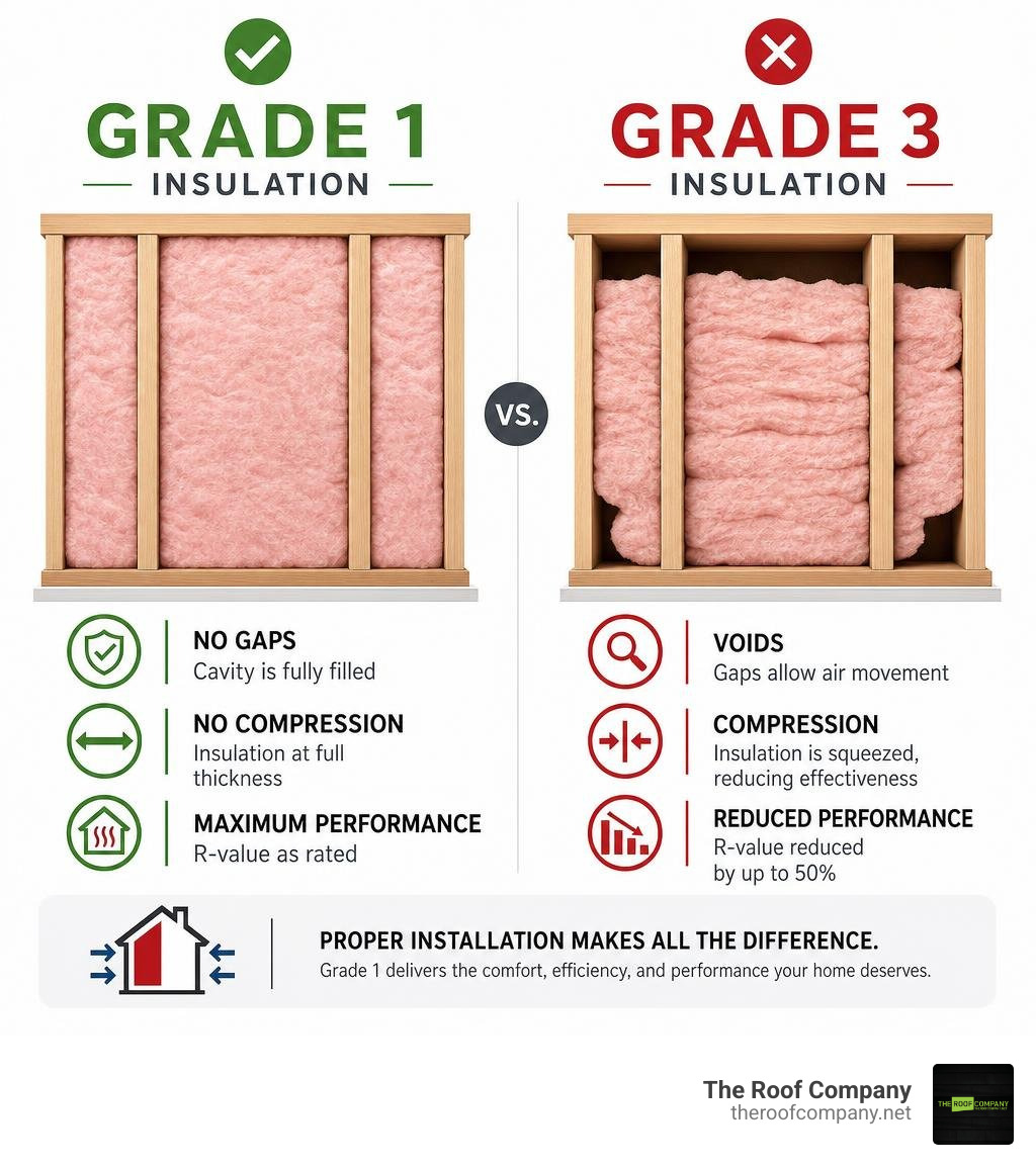Grade 1 vs Grade 3 Insulation: Grade 1 has no gaps or compression, while Grade 3 has voids and compression that reduce Grade 1 vs Grade 3 Insulation: Grade 1 has no gaps or compression, while Grade 3 has voids and compression that reduce