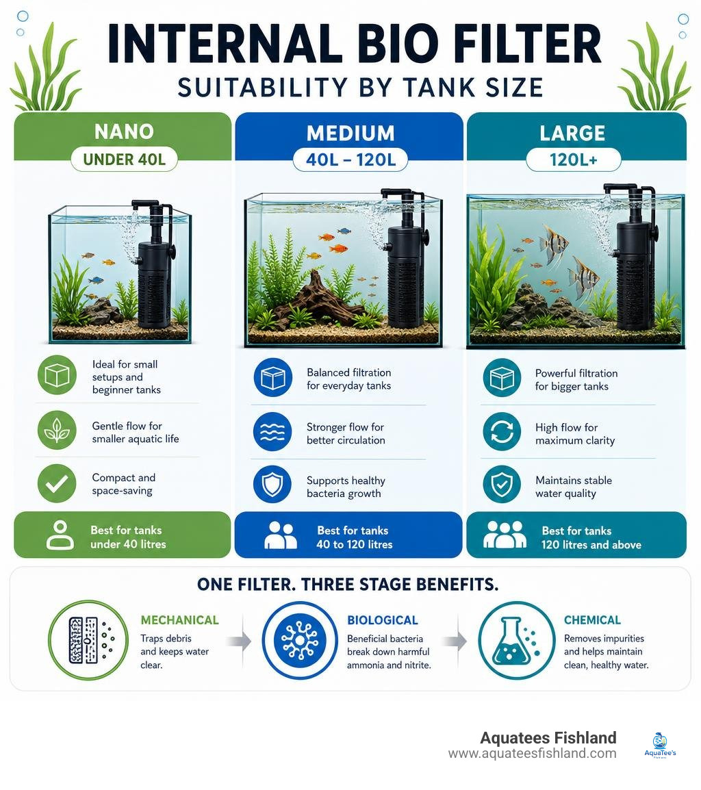 Infographic comparing internal bio filter suitability across nano under 40L, medium 40-120L, and large 120L plus tank