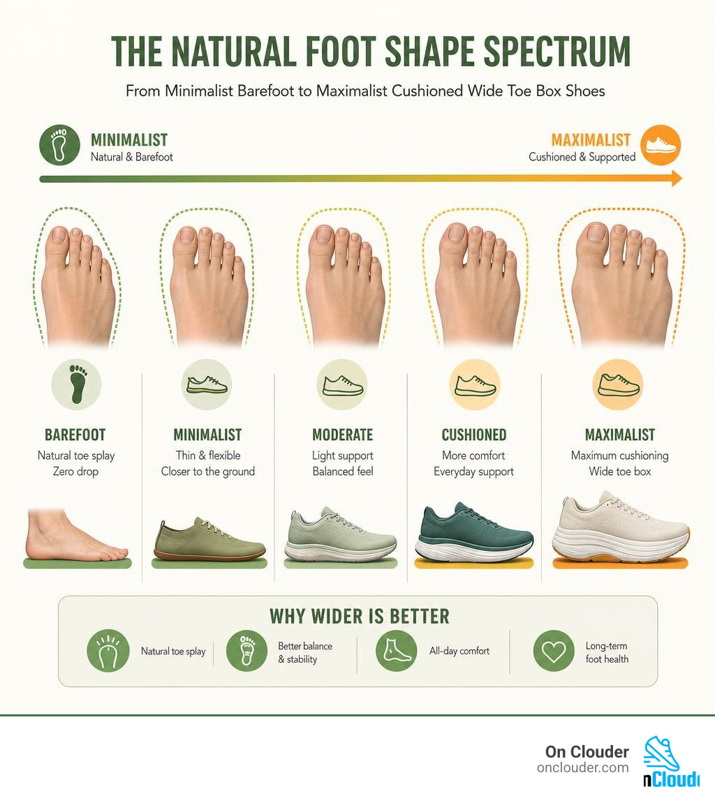 Infographic showing natural foot shape spectrum from minimalist barefoot to maximalist cushioned wide toe box shoes Infographic showing natural foot shape spectrum from minimalist barefoot to maximalist cushioned wide toe box shoes