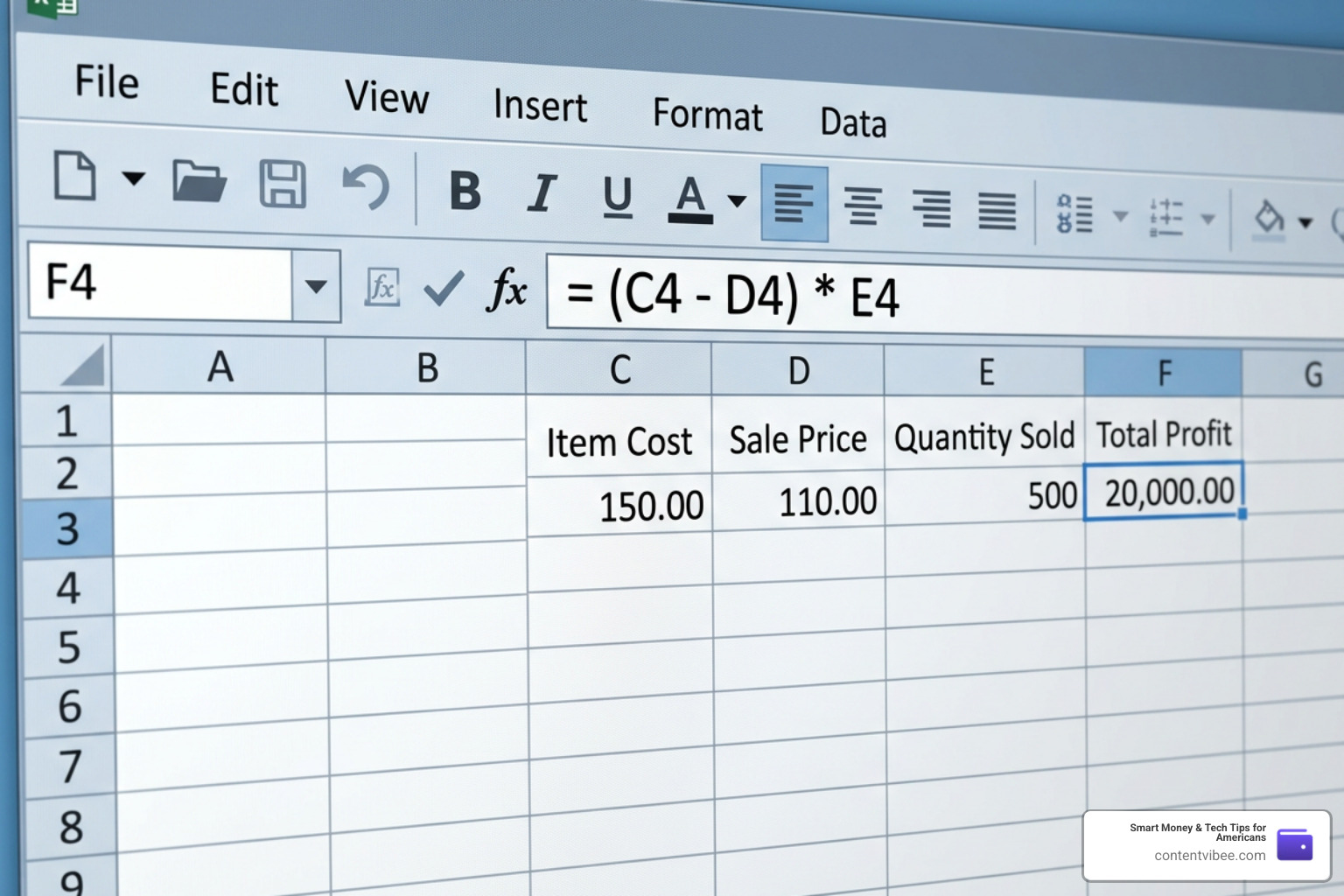 Excel formula bar calculating cost from selling price