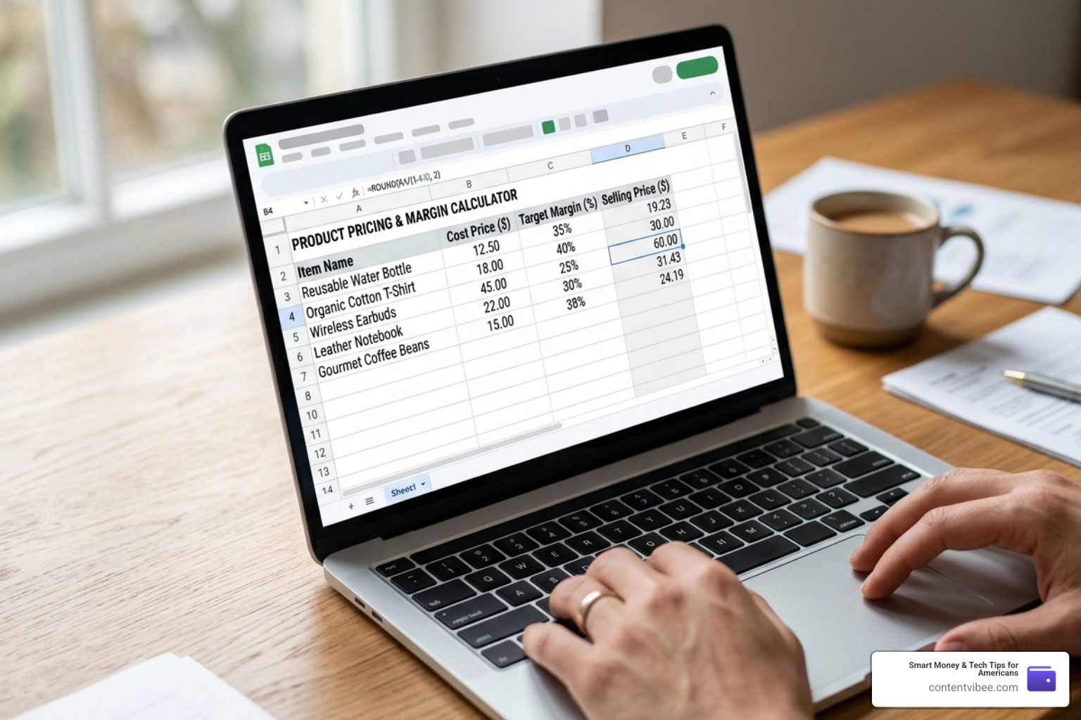 Excel spreadsheet showing cost and selling price columns with margin calculations