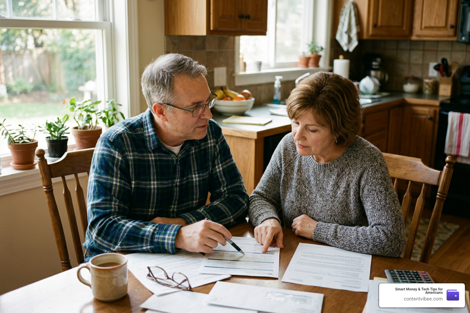A couple sitting at their kitchen table reviewing Social Security documents together
