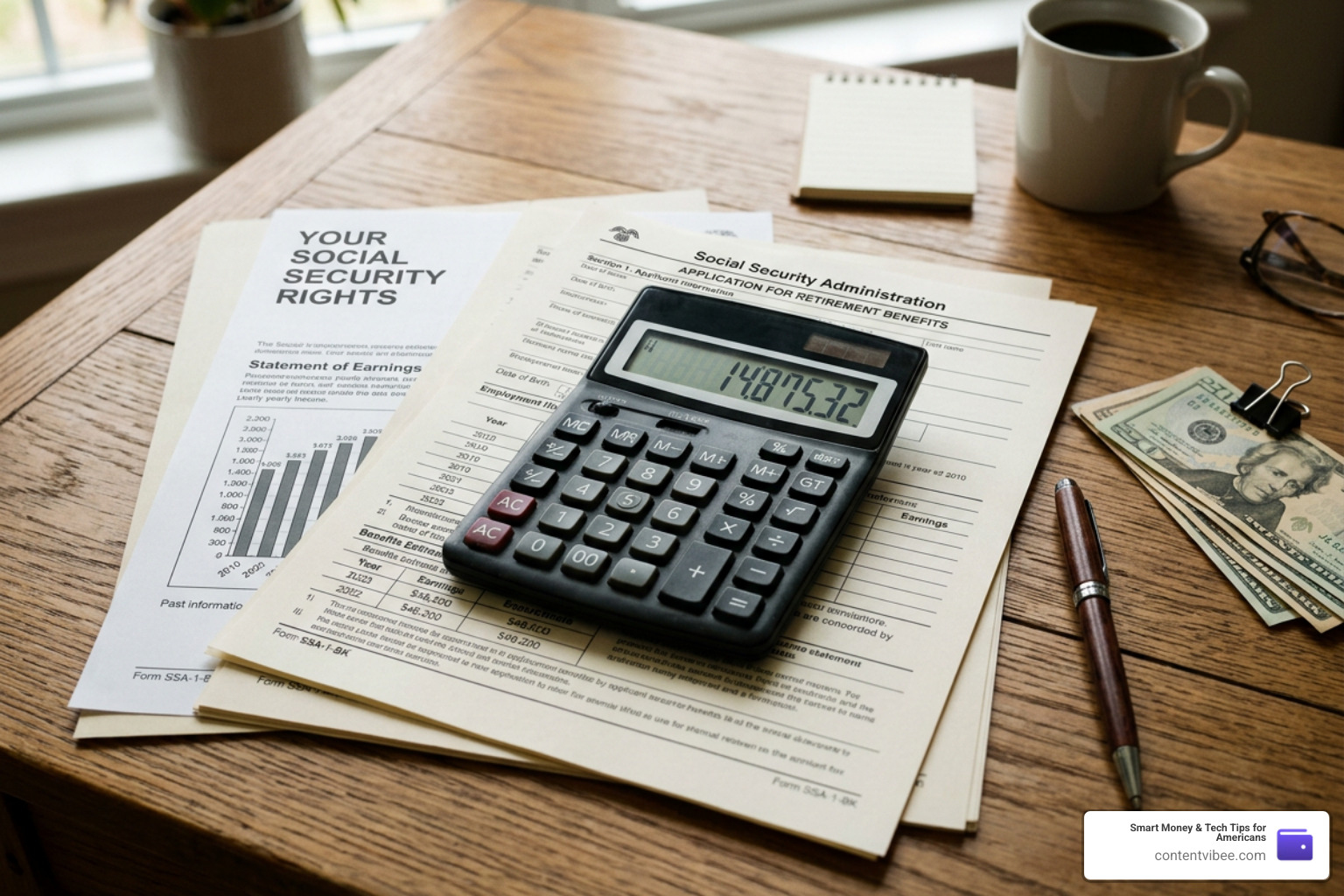 calculator and Social Security documents