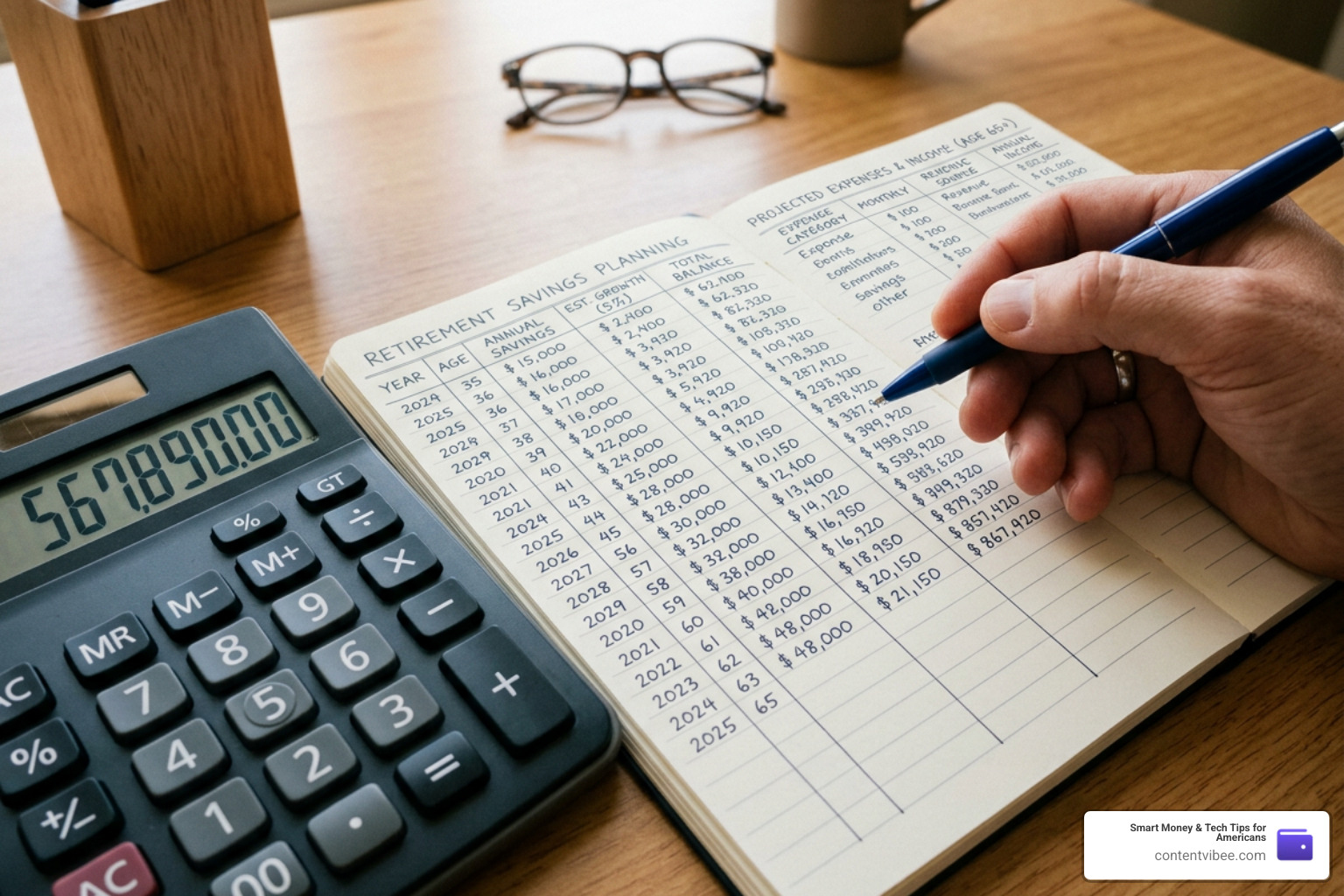 A close-up of a calculator and financial ledger showing retirement planning math