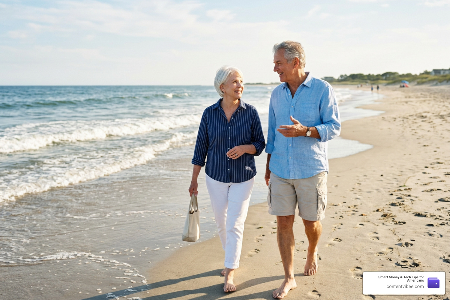 couple walking on a beach discussing retirement plans