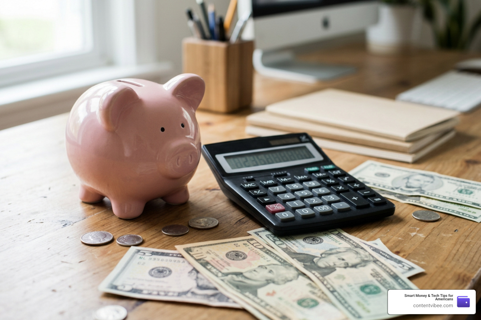 piggy bank next to a calculator piggy bank next to a calculator