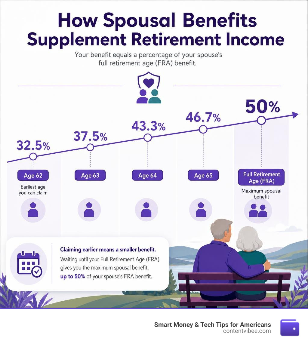 Infographic showing how spousal benefits supplement retirement income with percentages by claiming age infographic