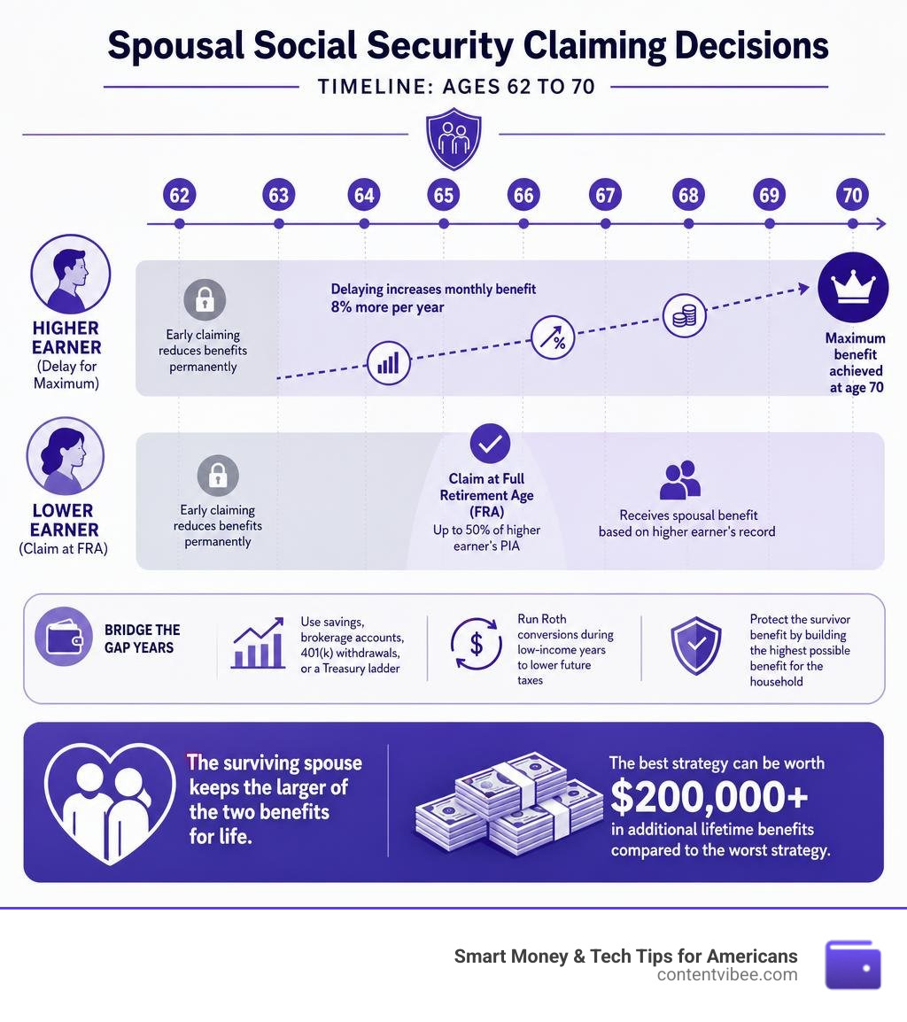 Timeline infographic of spousal Social Security claiming decisions from age 62 to 70 infographic