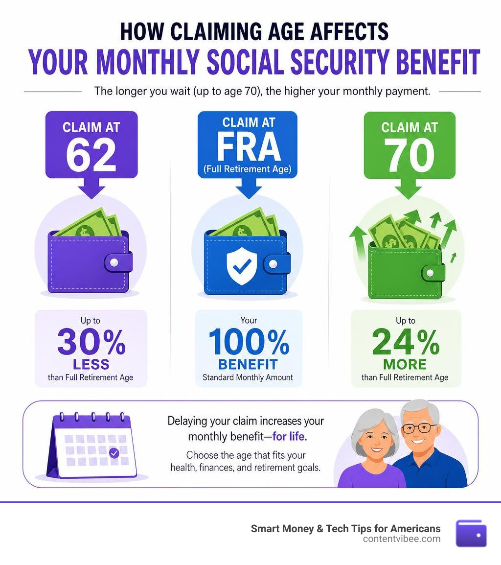 Infographic showing how claiming age at 62, FRA, and 70 affects monthly Social Security benefit amounts infographic