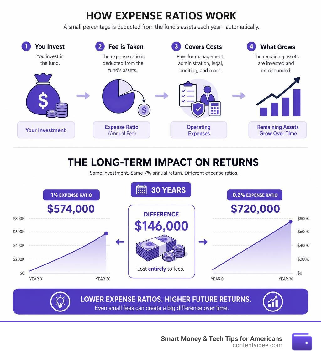 Infographic showing how expense ratios are deducted from fund assets and their long-term impact on returns infographic Infographic showing how expense ratios are deducted from fund assets and their long-term impact on returns infographic