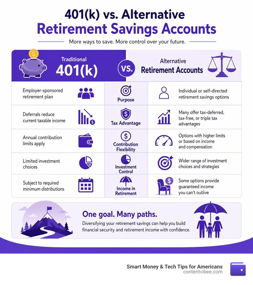 Comparison of traditional 401(k) vs alternative retirement savings accounts including IRA, HSA, SEP IRA, and annuities Comparison of traditional 401(k) vs alternative retirement savings accounts including IRA, HSA, SEP IRA, and annuities