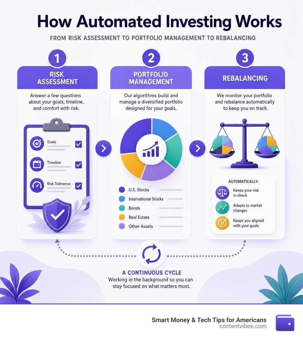 How automated investing works: from risk assessment to portfolio management to rebalancing infographic