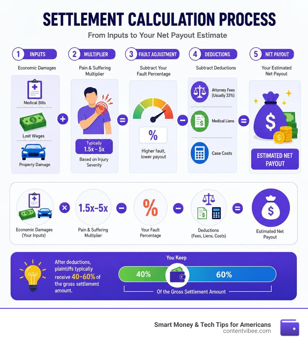 Settlement calculation process showing inputs, deductions, and net payout estimate infographic