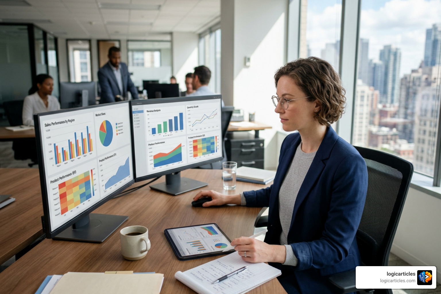 business analyst reviewing business intelligence data on a screen
