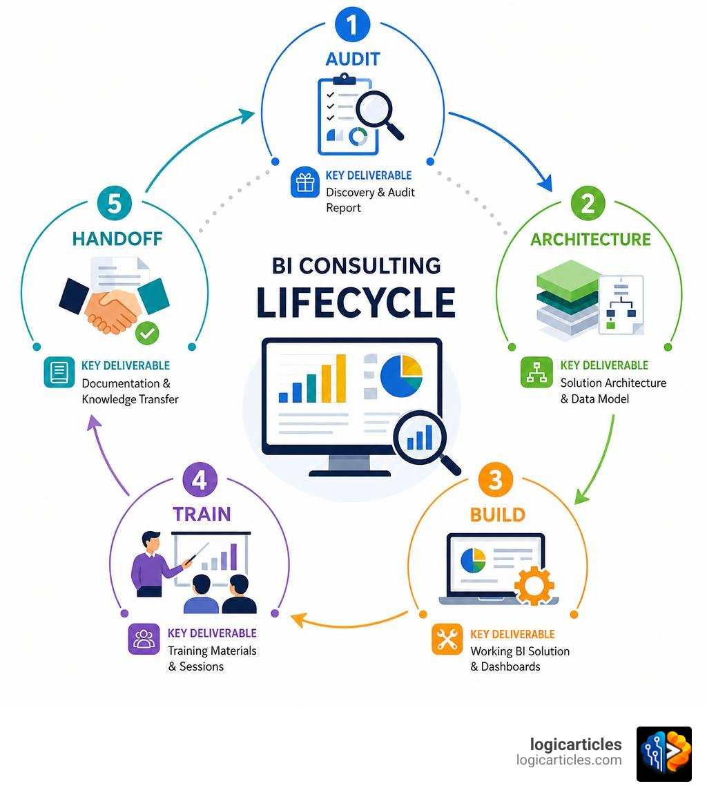BI consulting lifecycle: audit, architecture, build, train, handoff with key deliverables at each stage infographic