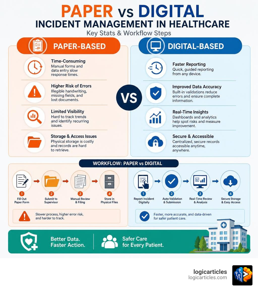 infographic comparing paper vs digital incident management in healthcare key stats and workflow steps infographic