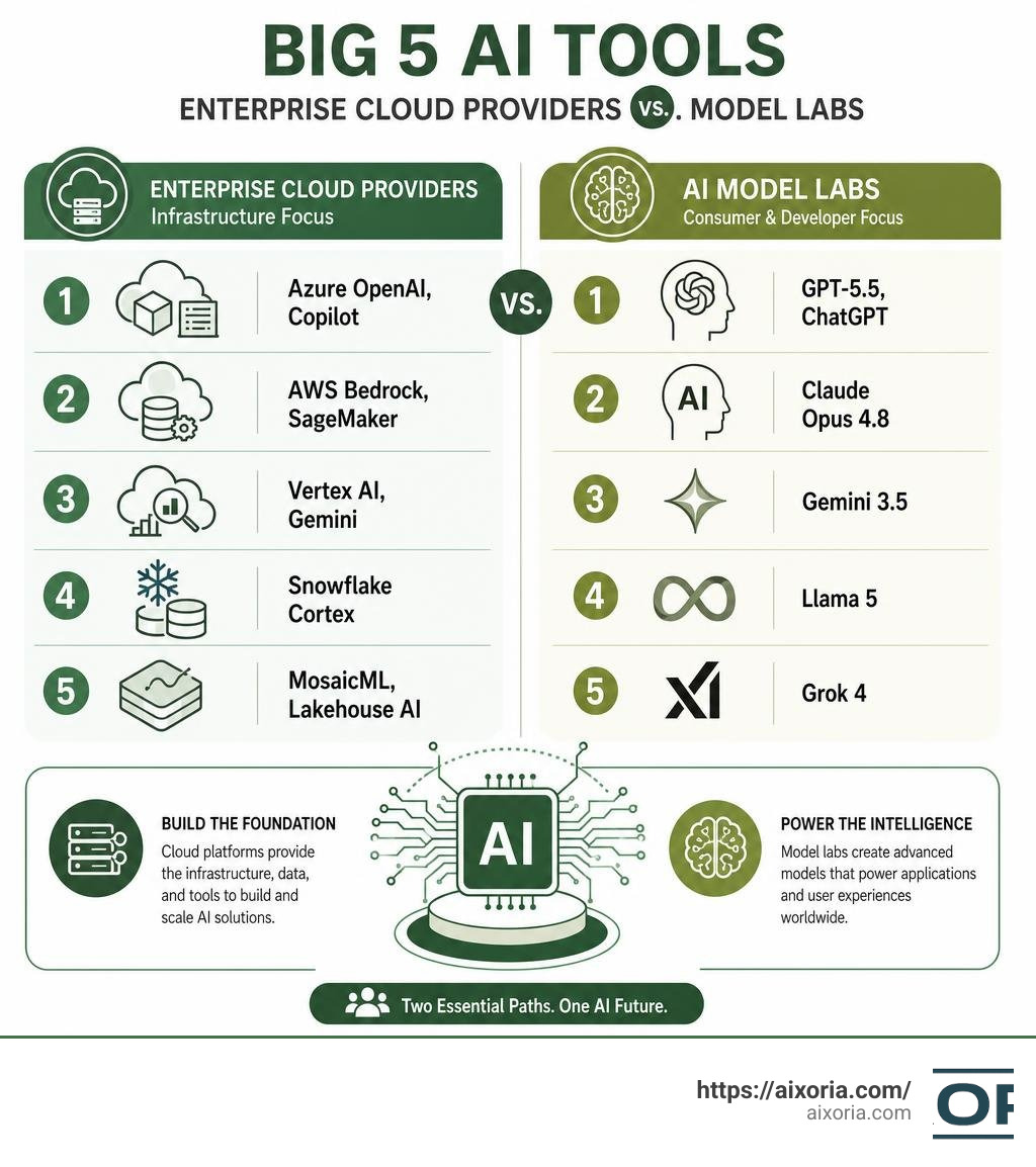 Big 5 AI tools: enterprise cloud providers vs. model labs comparison infographic infographic