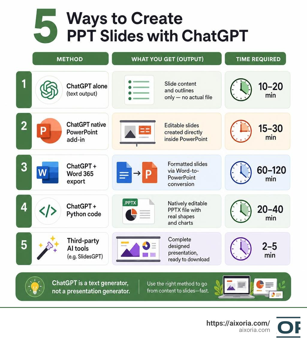 Infographic showing 5 methods to create PPT slides with ChatGPT and their output types and time infographic
