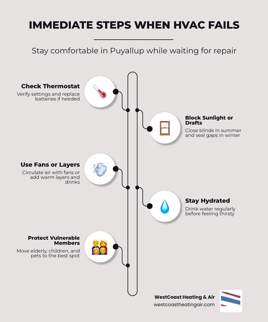 Infographic showing immediate steps to take when HVAC fails: check thermostat, block sunlight or drafts, use fans or layers