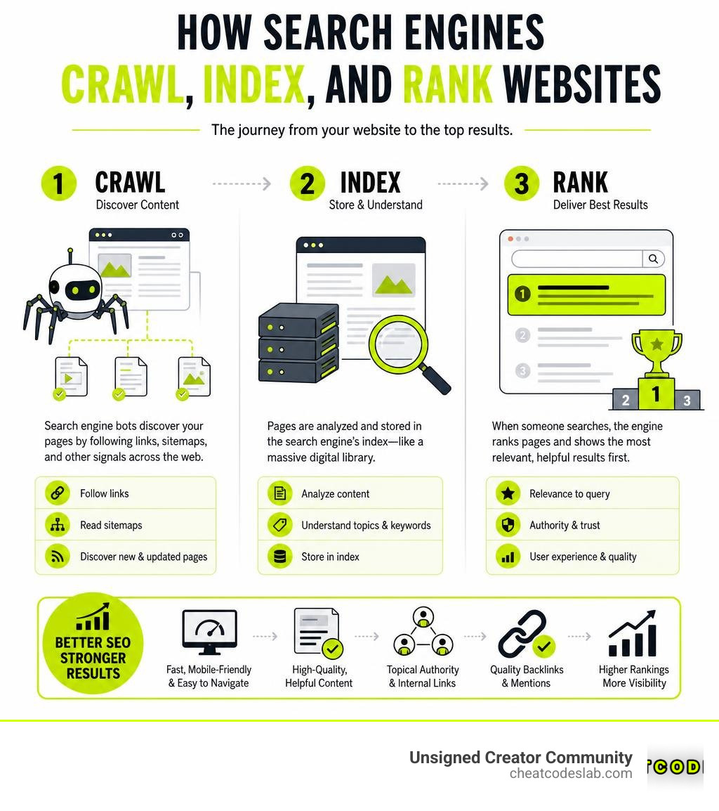 How search engines crawl, index, and rank websites — SEO fundamentals infographic infographic How search engines crawl, index, and rank websites — SEO fundamentals infographic infographic