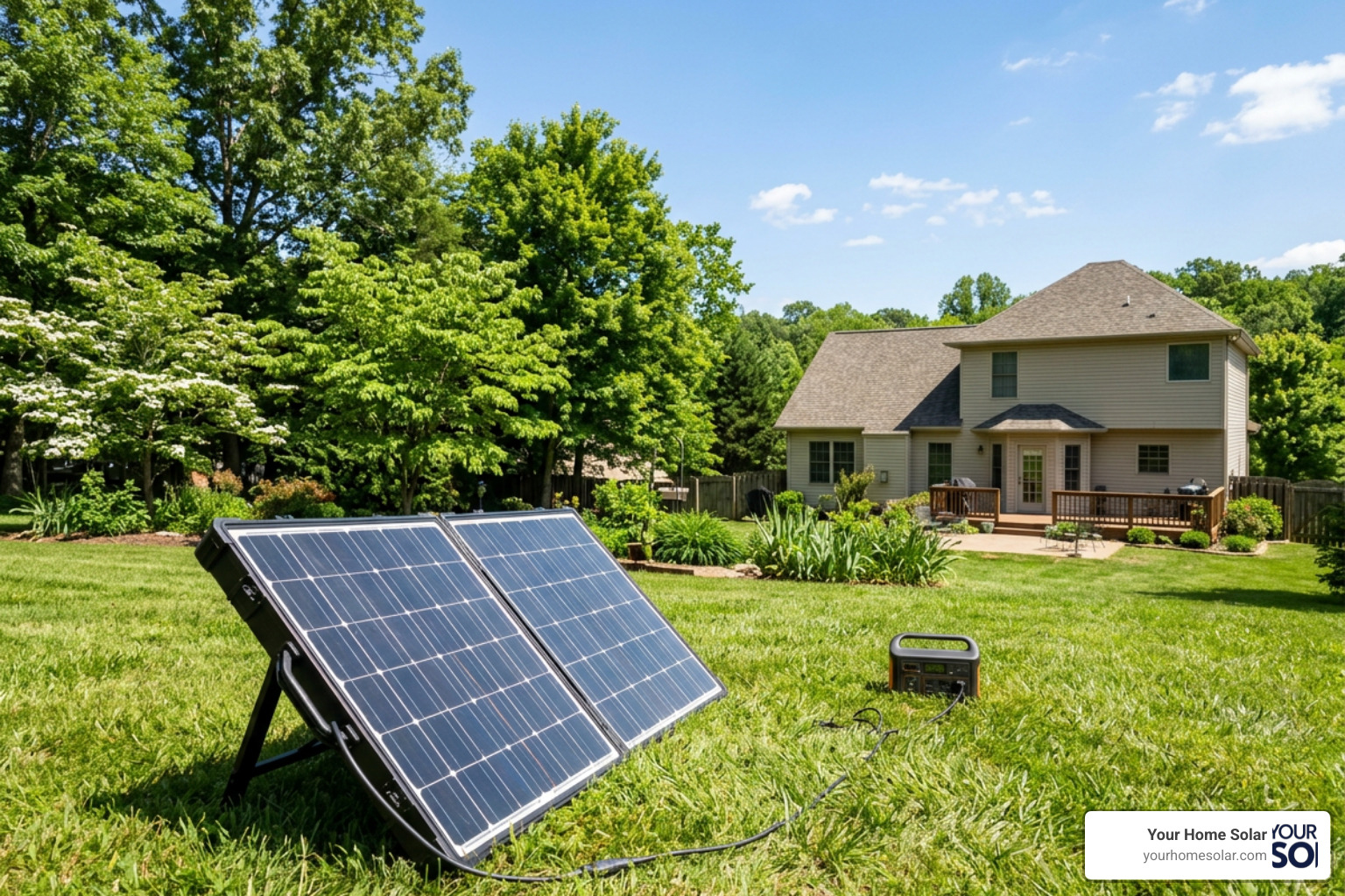 A portable solar panel set up in an East Tennessee backyard under direct sunlight A portable solar panel set up in an East Tennessee backyard under direct sunlight