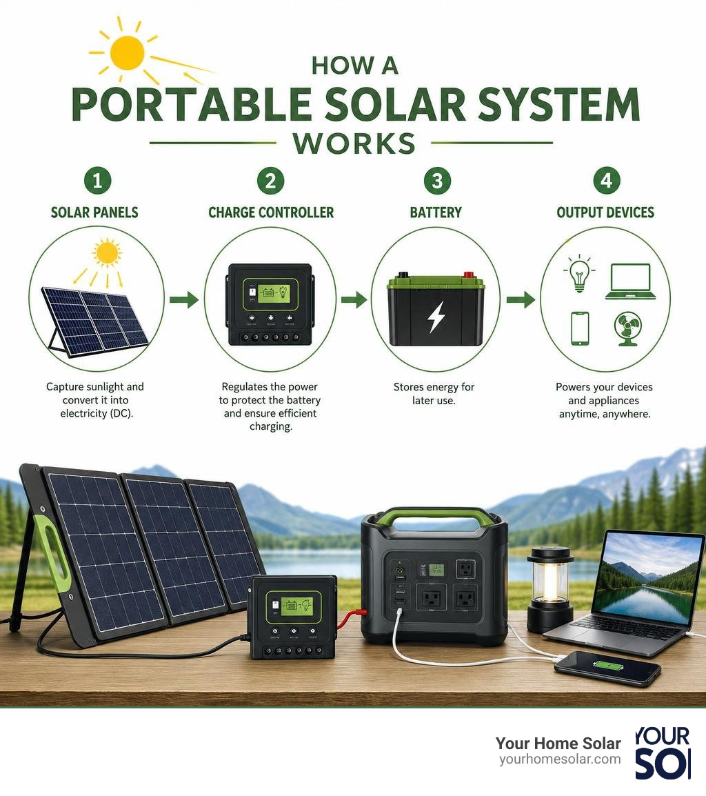 How a portable solar system works: panels, charge controller, battery, and output devices infographic How a portable solar system works: panels, charge controller, battery, and output devices infographic