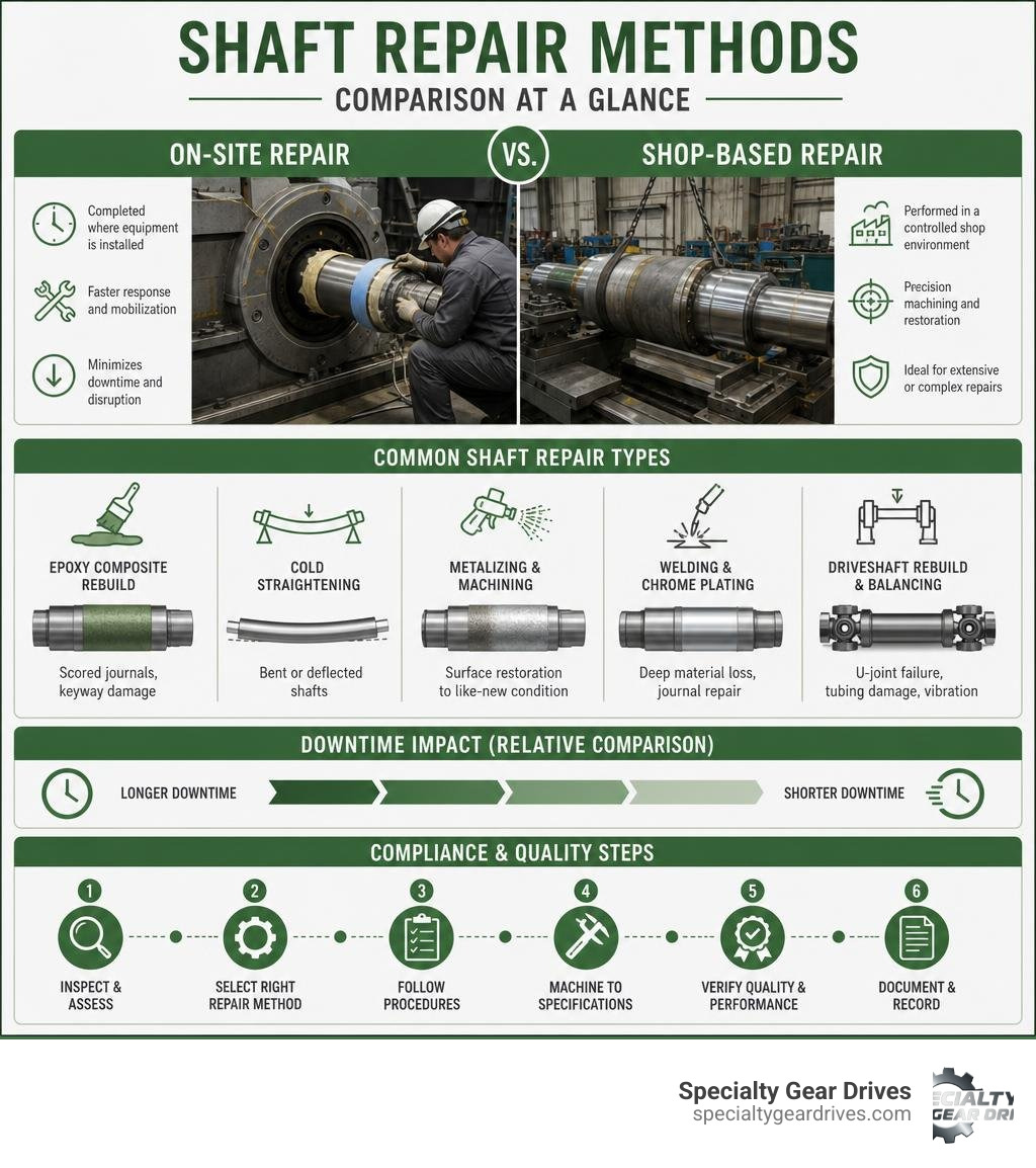 Shaft repair methods comparison infographic: on-site vs shop-based, repair types, downtime, and compliance steps infographic Shaft repair methods comparison infographic: on-site vs shop-based, repair types, downtime, and compliance steps infographic