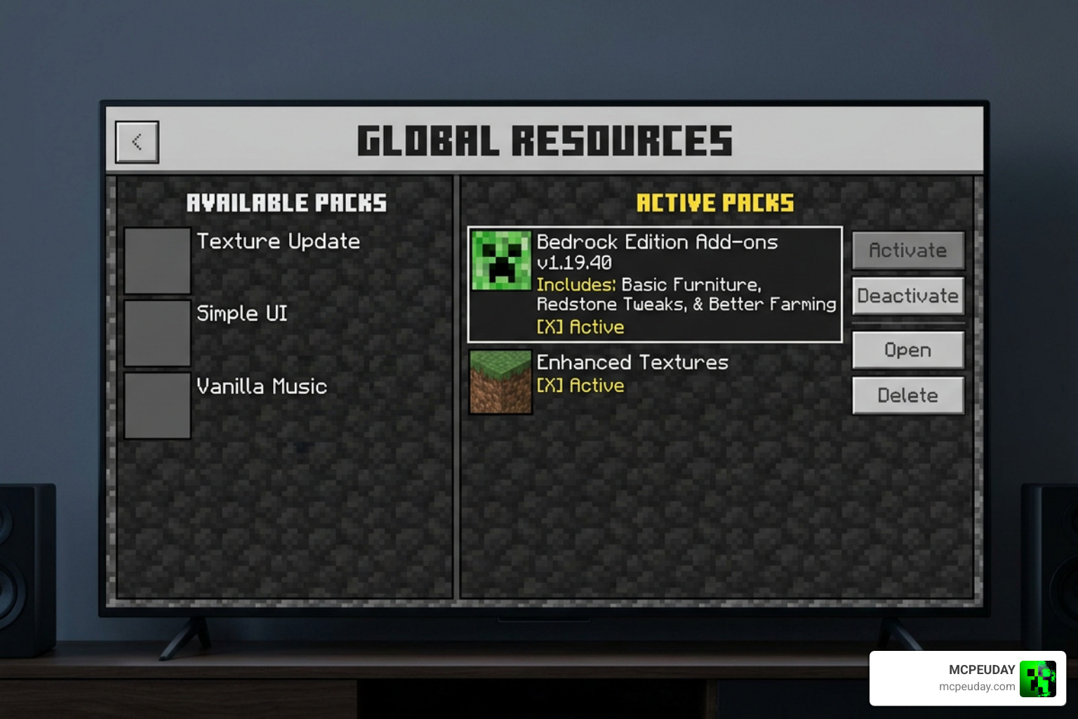 Minecraft Bedrock settings menu showing active resource and behavior packs Minecraft Bedrock settings menu showing active resource and behavior packs