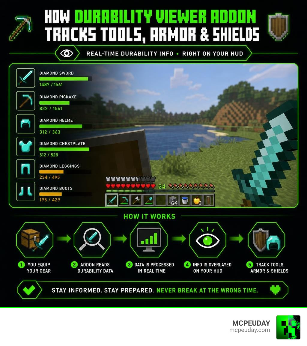 Infographic showing how Durability Viewer ADDON tracks tools armor and shields in Minecraft Bedrock HUD infographic Infographic showing how Durability Viewer ADDON tracks tools armor and shields in Minecraft Bedrock HUD infographic