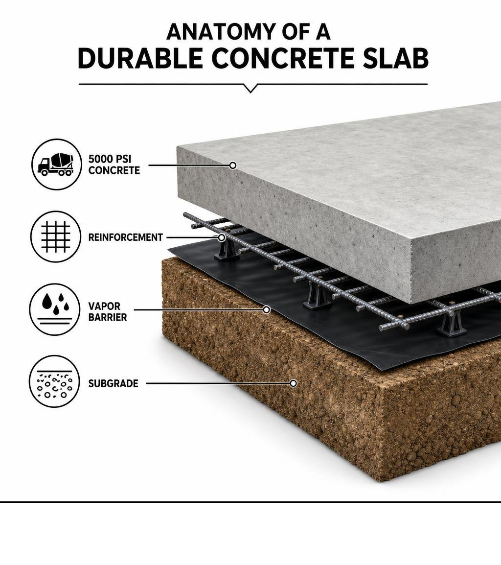 anatomy of a durable concrete slab showing subgrade, vapor barrier, reinforcement, and 5000 PSI concrete infographic
