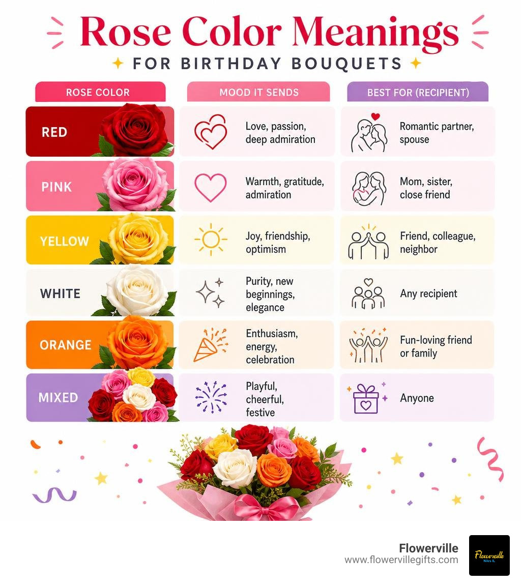 Infographic showing rose color meanings for birthday bouquets with mood and recipient guide infographic