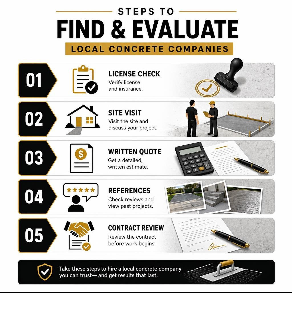 Steps to find and evaluate local concrete companies: license check, site visit, written quote, references, contract review Steps to find and evaluate local concrete companies: license check, site visit, written quote, references, contract review