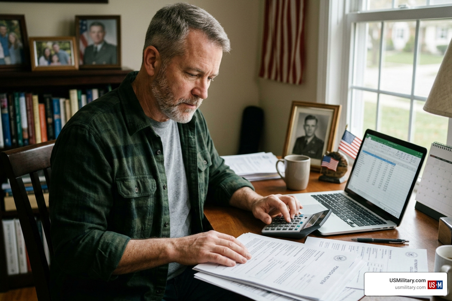 Veteran planning finances and calculating military pension requirements