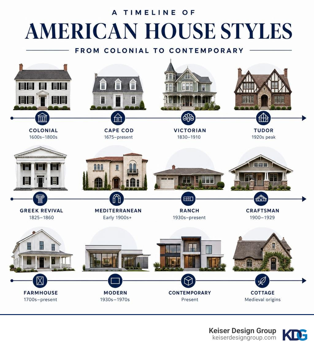Infographic timeline of American house styles from Colonial to Contemporary infographic Infographic timeline of American house styles from Colonial to Contemporary infographic