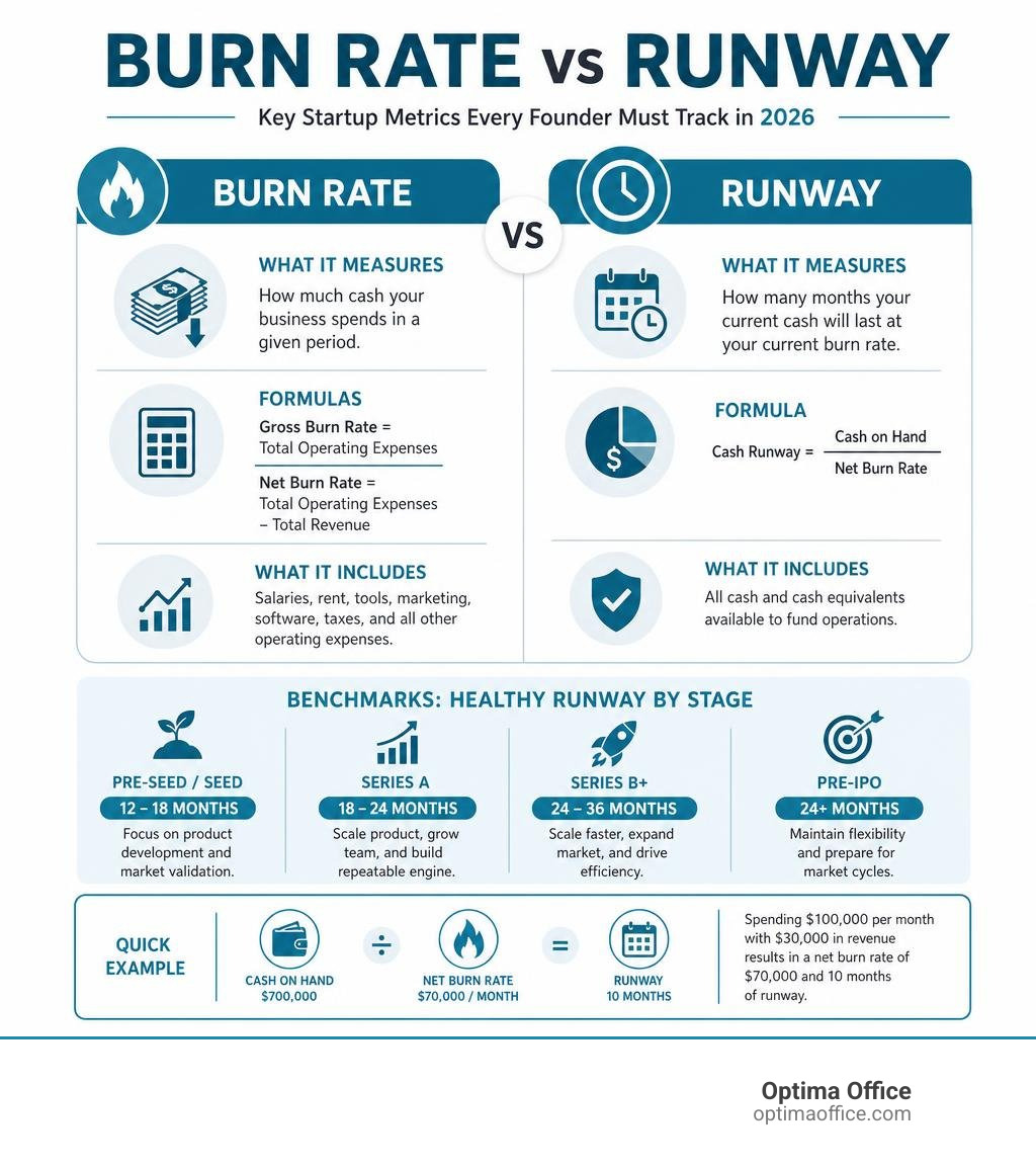 Burn rate vs runway infographic showing formulas, benchmarks, and what each metric measures for startups in 2026 infographic Burn rate vs runway infographic showing formulas, benchmarks, and what each metric measures for startups in 2026 infographic