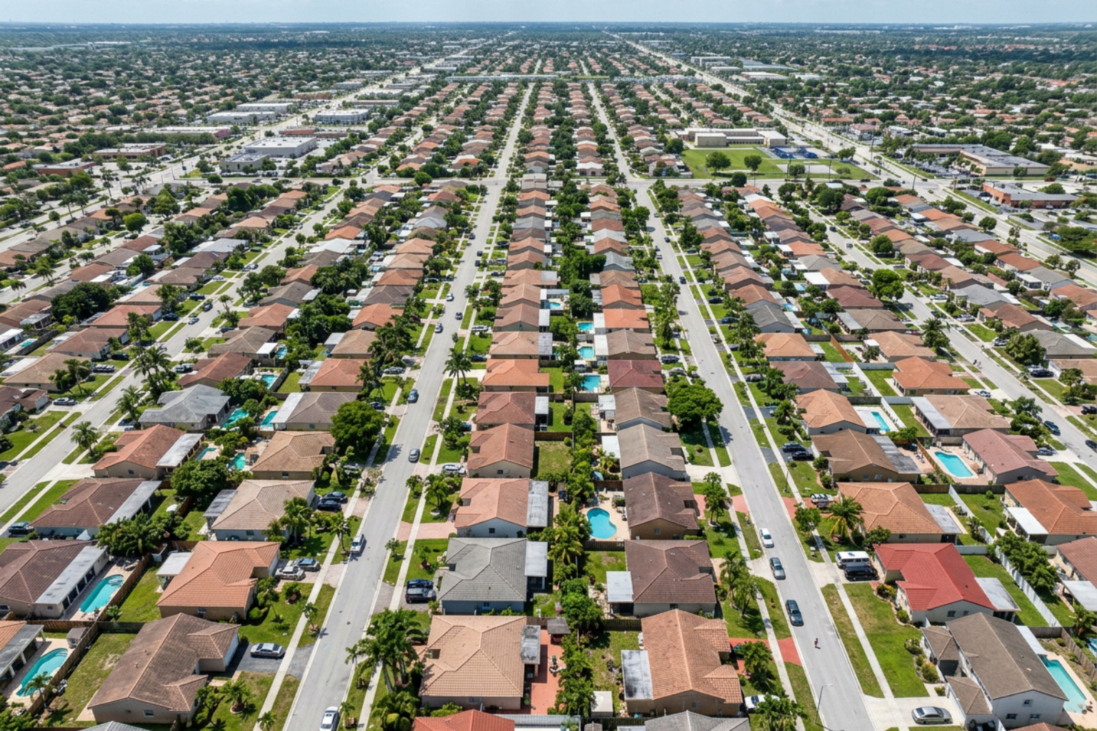Aerial view of densely built residential blocks in Hialeah
