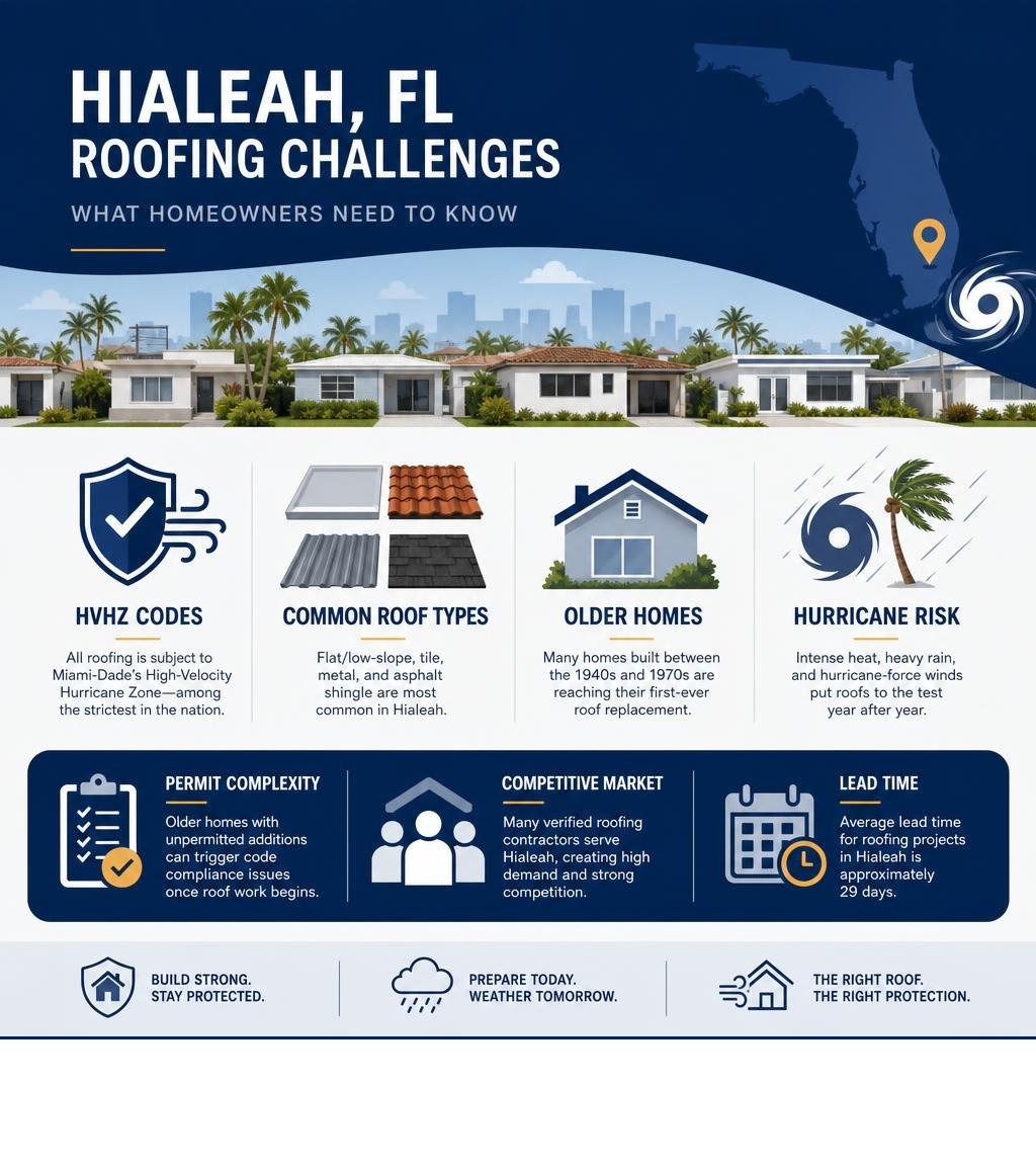 Infographic summarizing Hialeah FL roofing challenges: HVHZ codes, common roof types, older homes, and hurricane risk