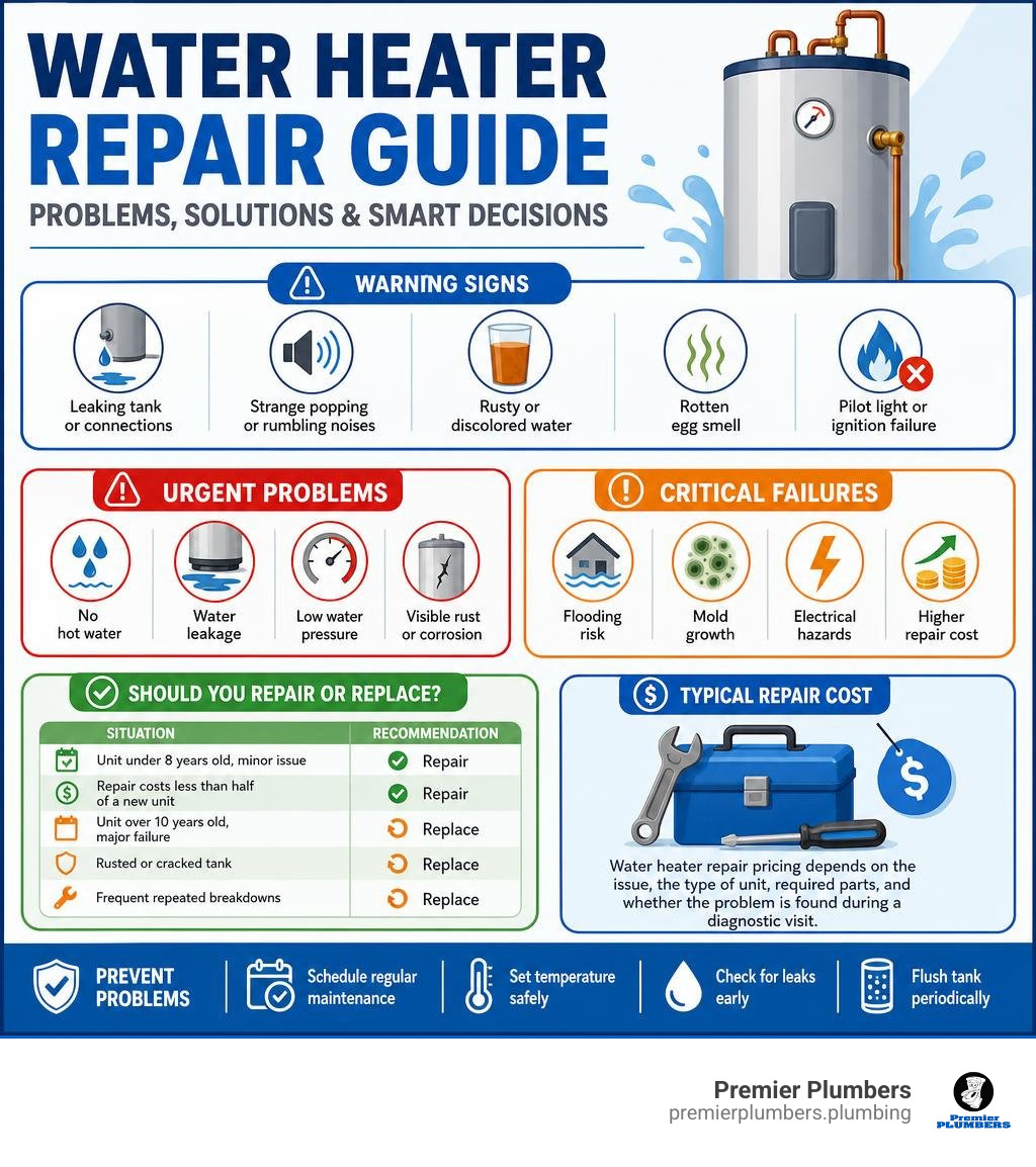 Colorful infographic showing water heater repair warning signs, urgent problems, critical failures, repair versus