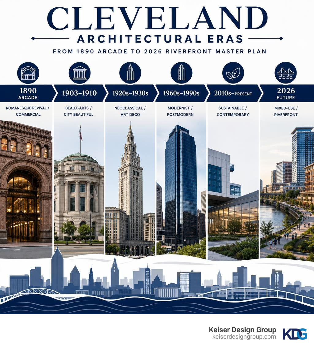 Timeline infographic of Cleveland architectural eras from 1890 Arcade to 2026 Riverfront Master Plan infographic