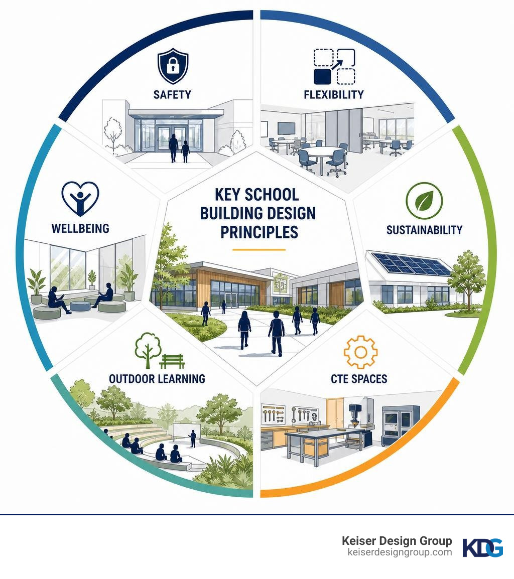 Key school building design principles infographic: safety, flexibility, sustainability, CTE, outdoor learning, well-being Key school building design principles infographic: safety, flexibility, sustainability, CTE, outdoor learning, well-being