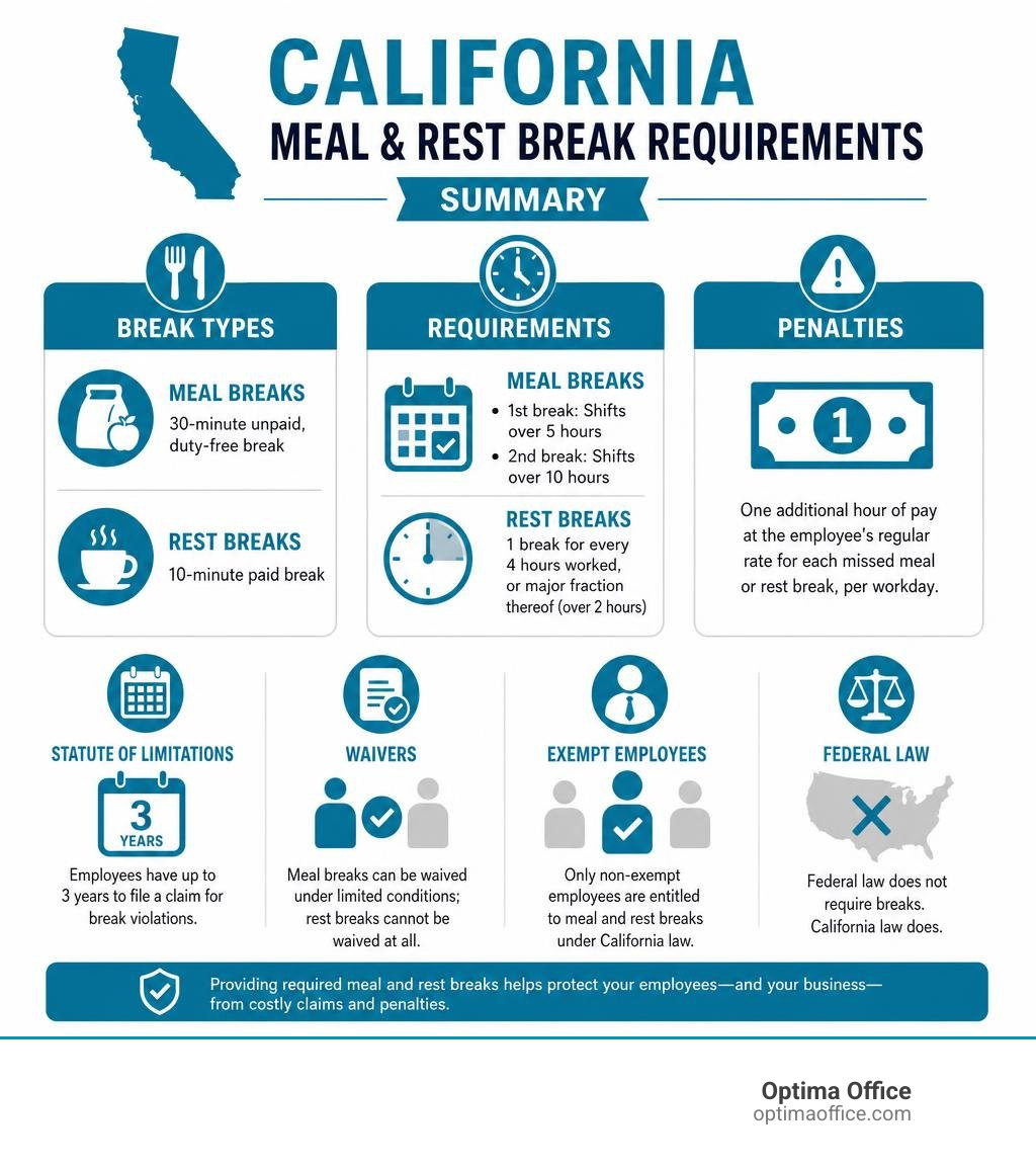 California meal and rest break requirements summary infographic showing break types, durations, and penalties infographic California meal and rest break requirements summary infographic showing break types, durations, and penalties infographic