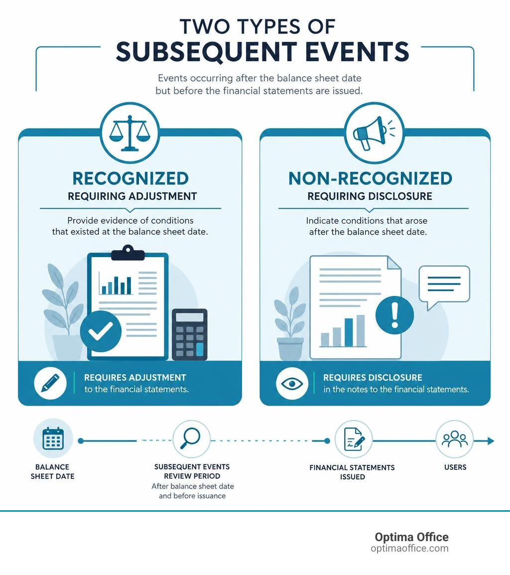 Two types of subsequent events: recognized requiring adjustment vs. non-recognized requiring disclosure infographic Two types of subsequent events: recognized requiring adjustment vs. non-recognized requiring disclosure infographic