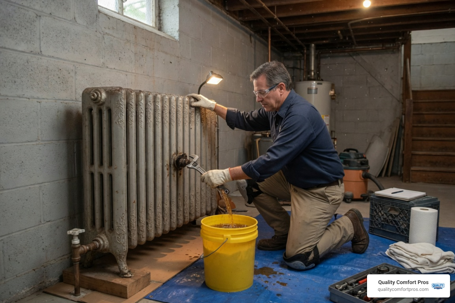 Draining an old radiator safely during a heating system upgrade