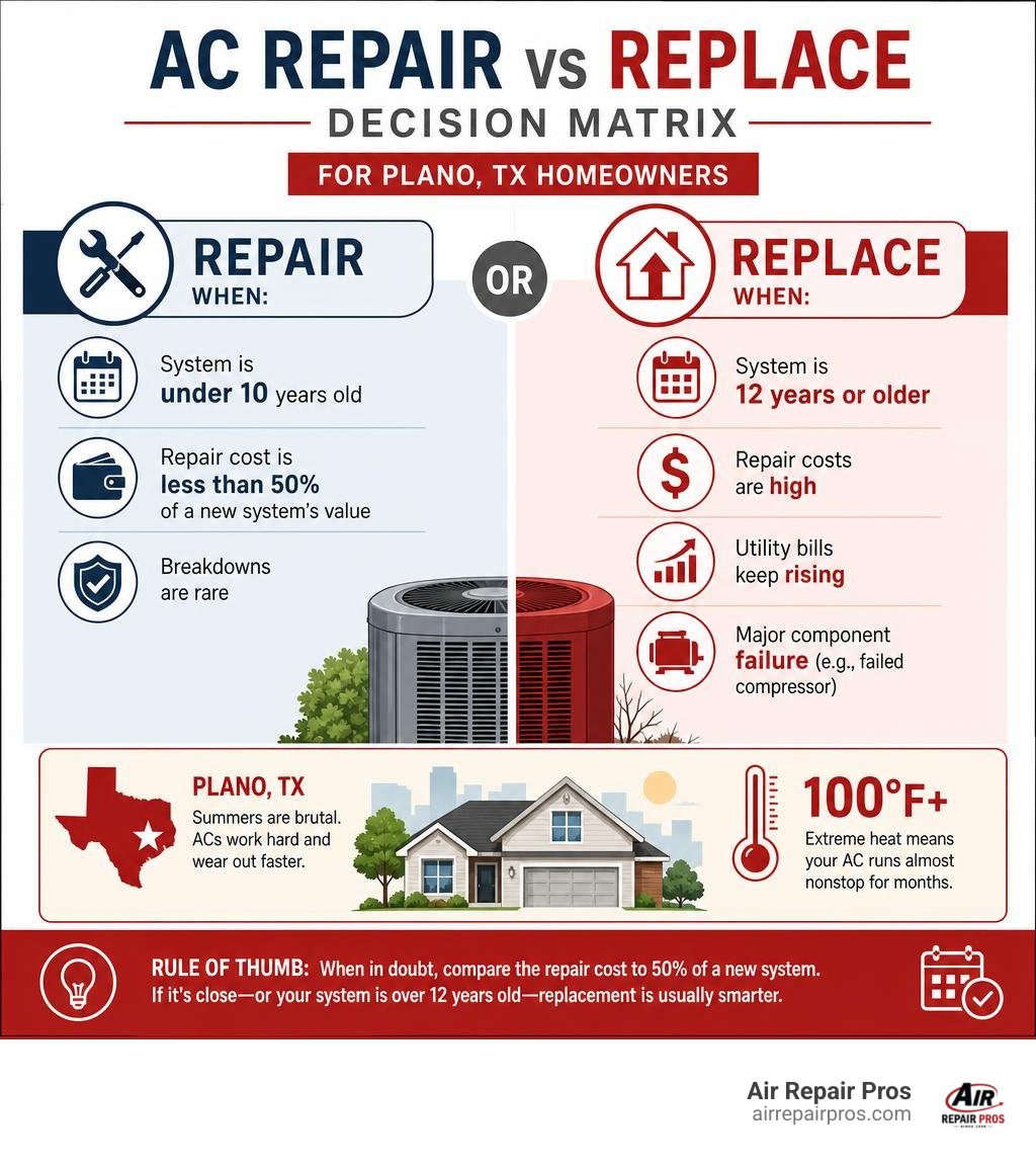 AC repair vs replace decision matrix infographic for Plano TX homeowners infographic