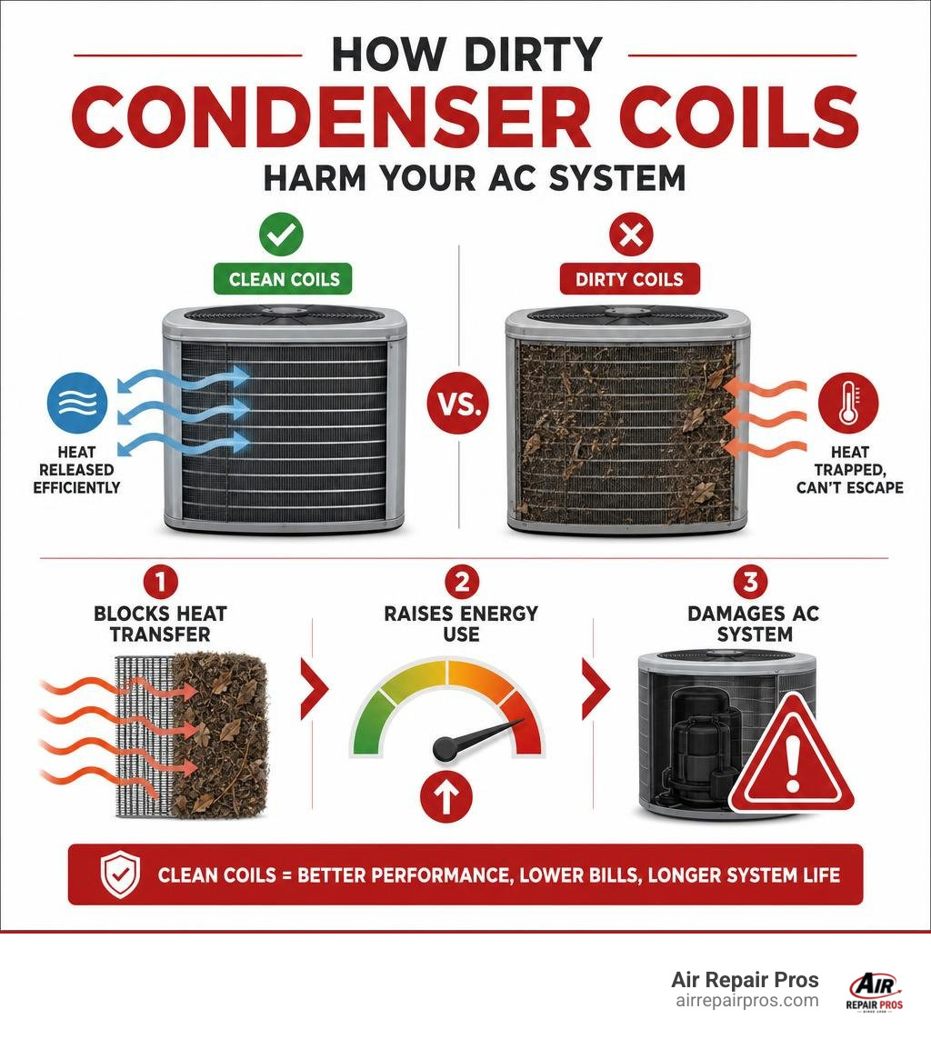 Infographic showing how dirty condenser coils block heat transfer, raise energy use, and damage AC systems infographic