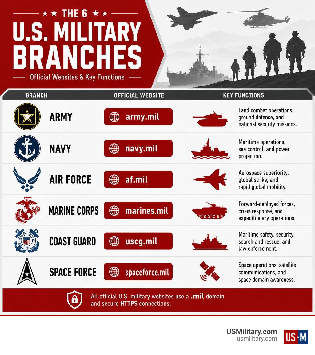 Infographic showing the 6 US military branches, their official websites, and key functions infographic