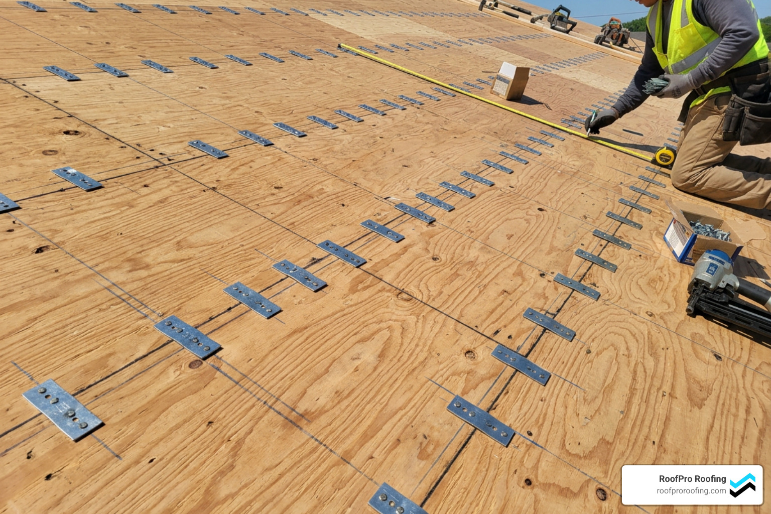 clip spacing layout on a plywood deck for wind load resistance